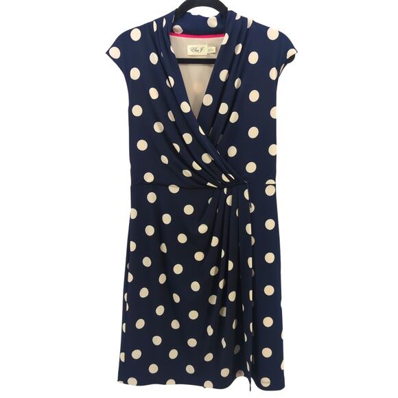 Eliza J Navy Polka Dot Dress Sz 8 Retro Cocktail Party Office Wrap Style - Picture 1 of 10